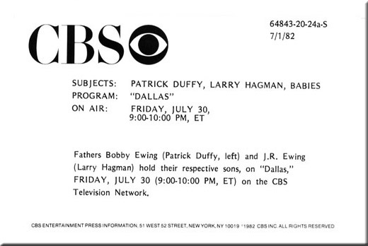 Eric Farlow, Patrick Duffy, Larry Hagman, Tyler Banks, Dallas, 1982
