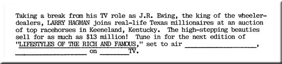 Larry Hagman, Lifestyles of the Rich and Famous